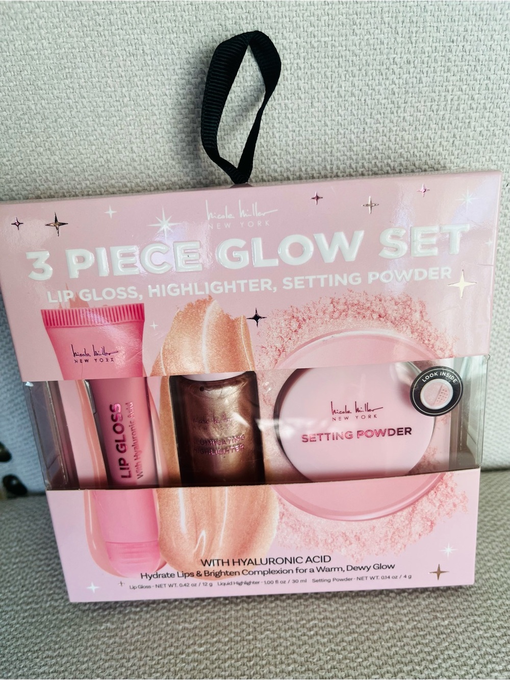 NWT Nicole Miller 3 Piece Glow Set packaged in pink, which includes a hydrating